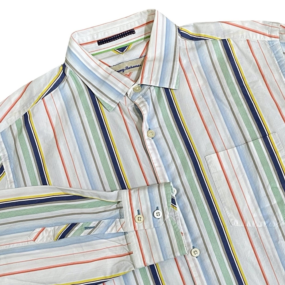 Tommy Bahama Striped Button Down Shirt Mens Multicolor Cotton Silk Blend‎ Beach